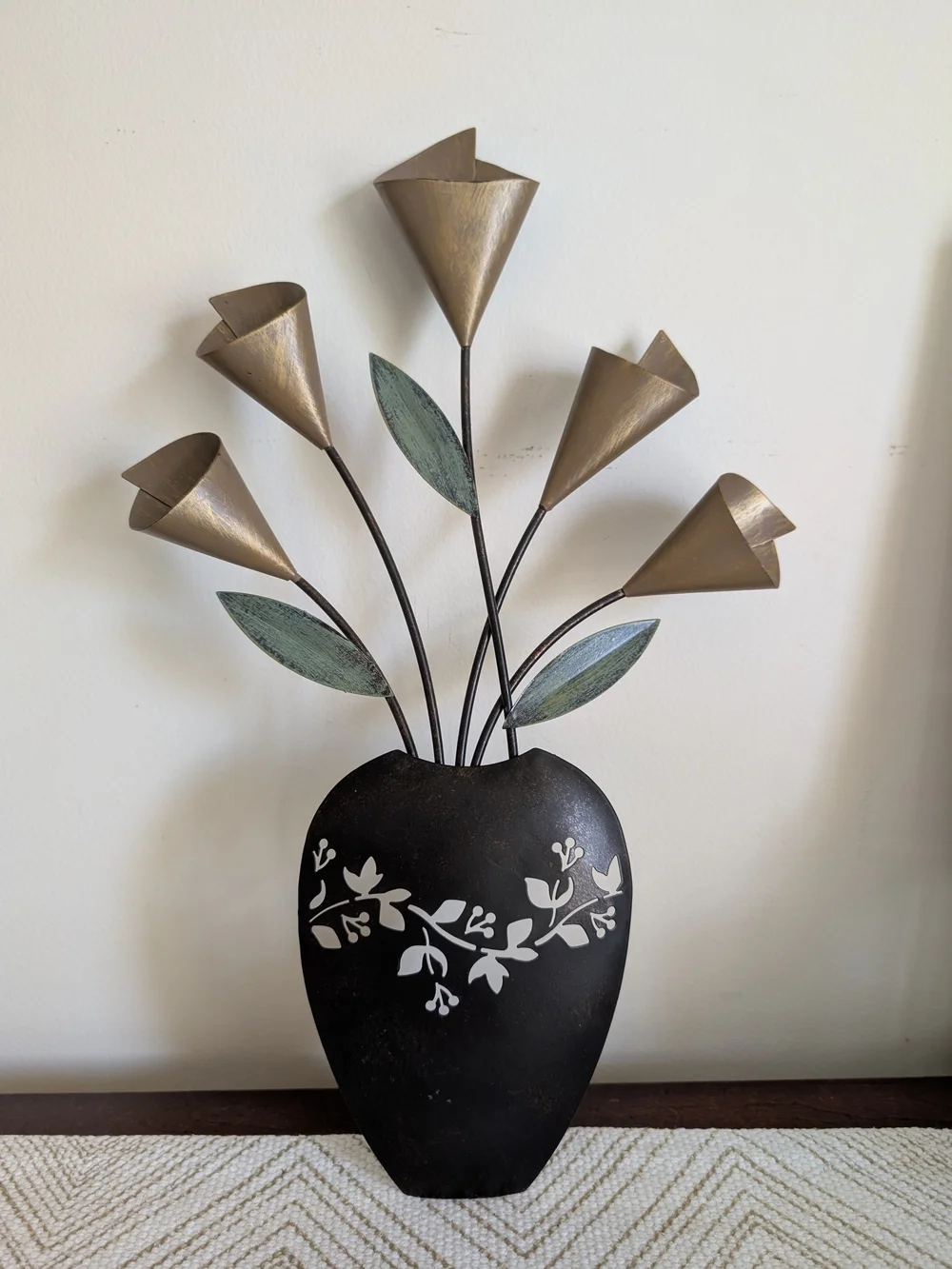 Metal Floral Vase Wall Accent in Antique Brown and Bronze